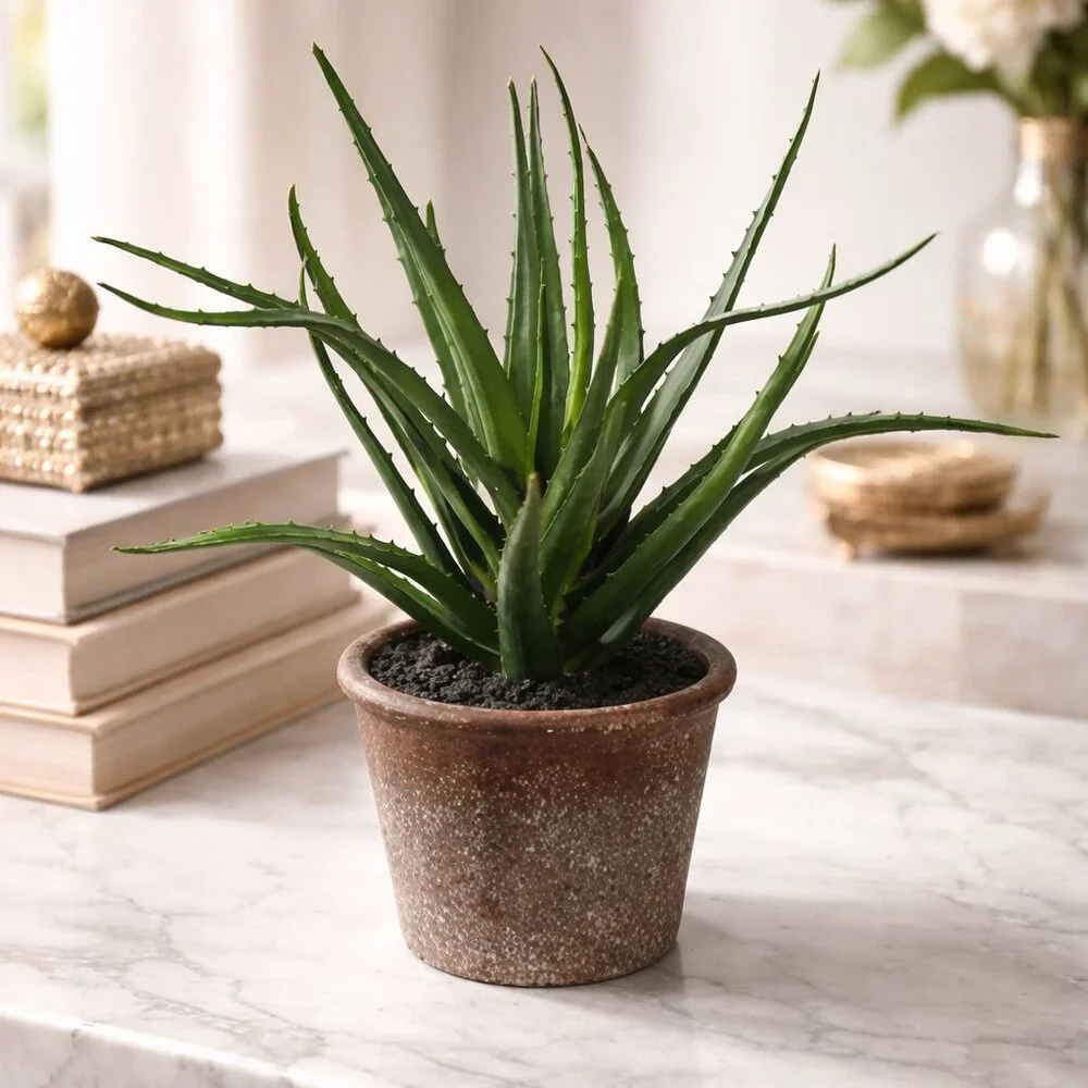 Set of 2  Faux Lifelike Aloe Plant In Rustic Terracotta Pot Planter